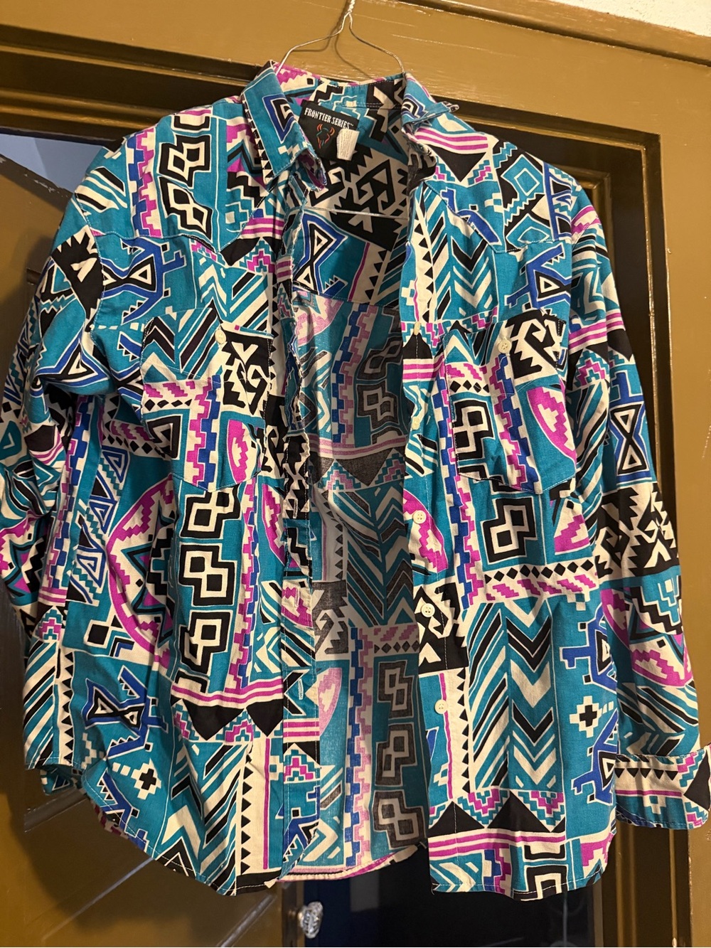 Women's Teal Aztec Print Button-Down Shirt - Frontier Series